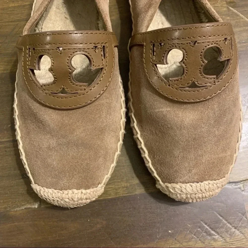 Tory Burch Sydney Espadrilles Flats Slip On Suede Leather Large Logo Olive Green